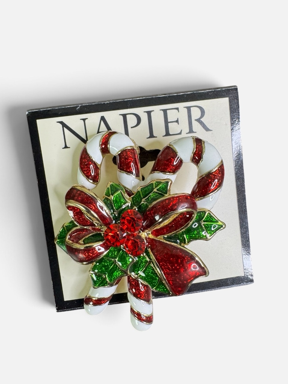 Napier Red, White & Green Double Candy Cane Bow Brooch - Holiday Kitsch